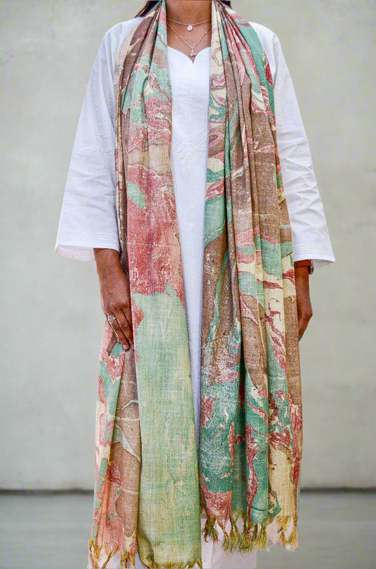 Elegant handwoven cotton marble printed dupatta with vibrant colors and a delicate design, perfect for any occasion