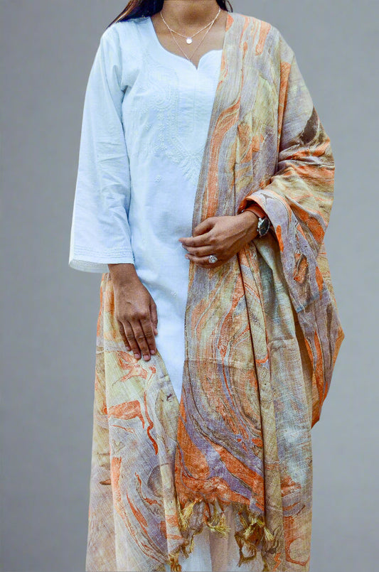 Elegant handwoven cotton marble printed dupatta with vibrant colors, perfect for any ethnic outfit