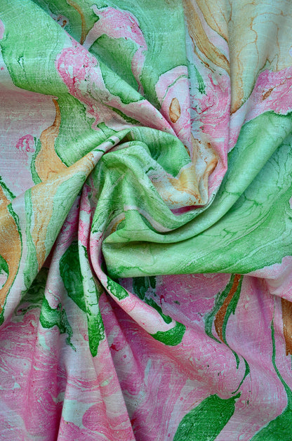 Vibrant handwoven cotton silk dupatta with floral patterns in pink and green hues
