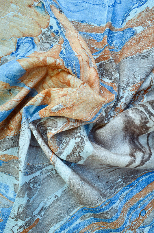 Beautiful handwoven cotton silk dupatta with marbled patterns in orange and blue hues