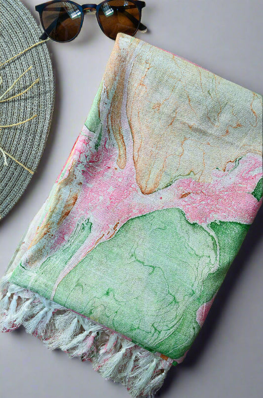Colorful handwoven cotton silk dupatta with a marbled design and fringed edges
