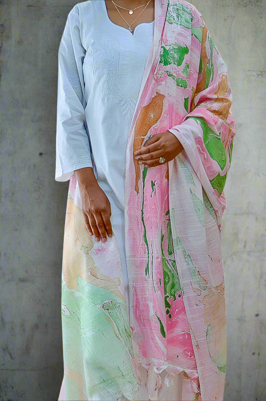 Handwoven cotton silk dupatta in pastel colors, perfect for adding elegance to any outfit.
