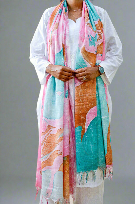 Pinaachi handwoven cotton silk dupatta with vibrant pink and teal patterns, perfect for stylish layering