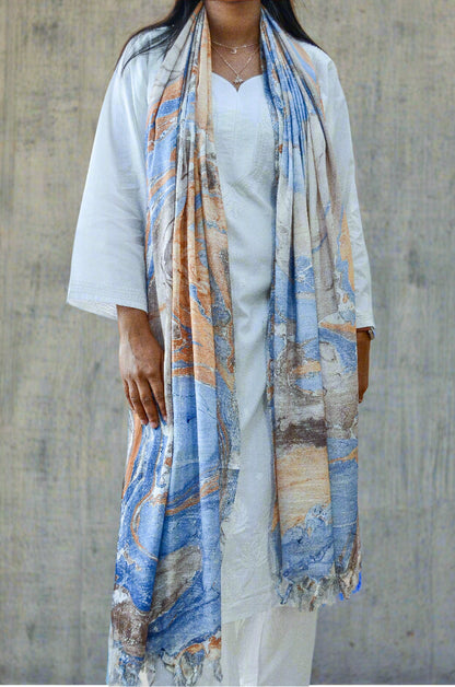 Elegant handwoven cotton silk dupatta in blue and beige shades, perfect for adding style to any outfit