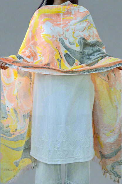Elegant handwoven cotton silk marble dupatta in soft pastel colors, perfect for enhancing any outfit