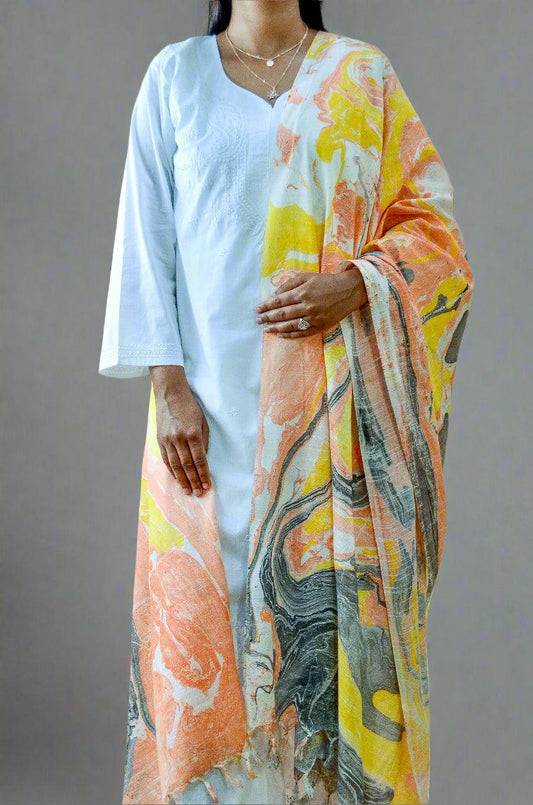 Elegant handwoven cotton silk marble dupatta in vibrant colors, perfect for enhancing traditional outfits