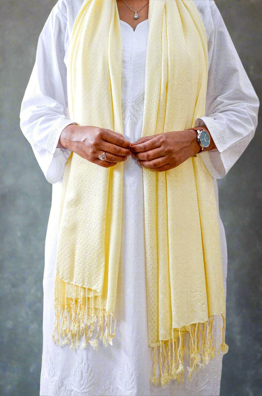 Elegant ivory jacquard stole draped elegantly on a model in a white outfit, featuring fringed ends