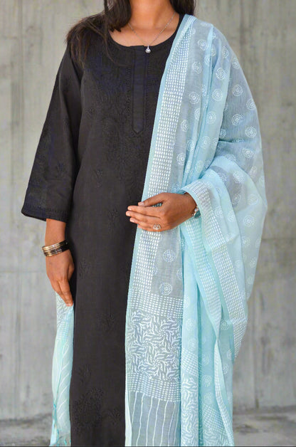 Elegant Khari print Chanderi silk dupatta in light blue perfect for traditional outfits