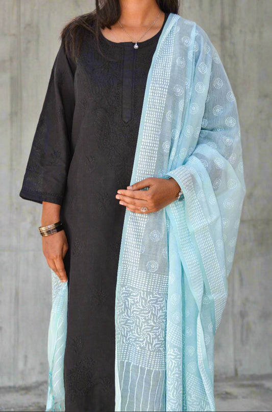 Elegant Khari print Chanderi silk dupatta in light blue perfect for traditional outfits