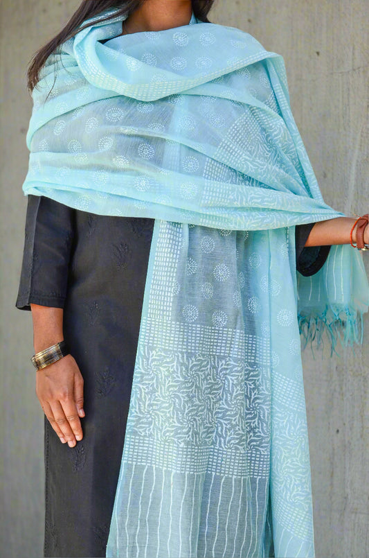 Elegant khari print Chanderi silk dupatta in light blue, perfect for adding style to any outfit