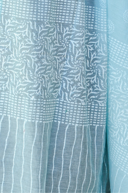 Elegant khari print Chanderi silk dupatta in soothing blue tones with intricate patterns