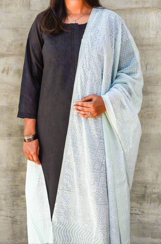 Elegant Khari print Chanderi silk dupatta in light blue, draped over a dark kurta for a stylish look