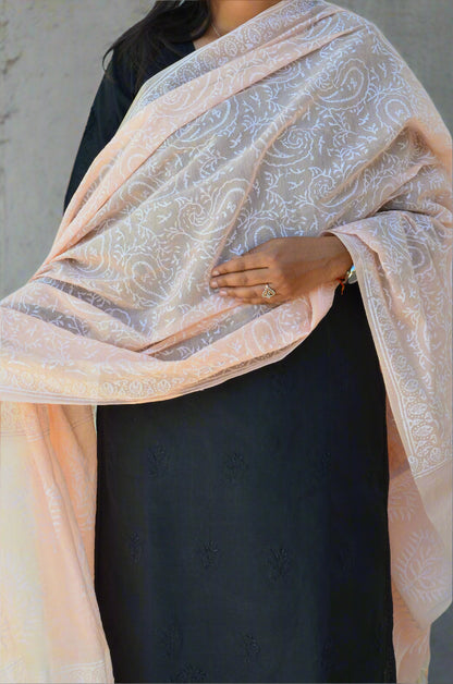 Elegant Khari print Chanderi silk dupatta in light peach with intricate detailing for a stylish look