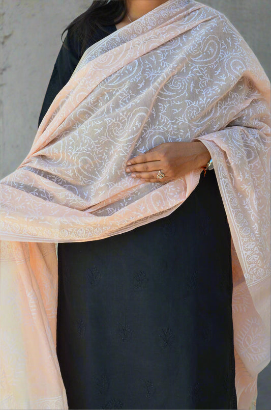 Elegant Khari print Chanderi silk dupatta in light peach with intricate detailing for a stylish look
