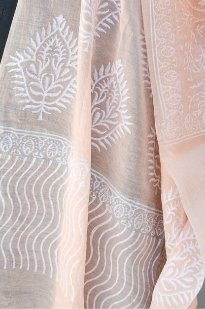 Elegant Khari print Chanderi silk dupatta with intricate white embroidery patterns