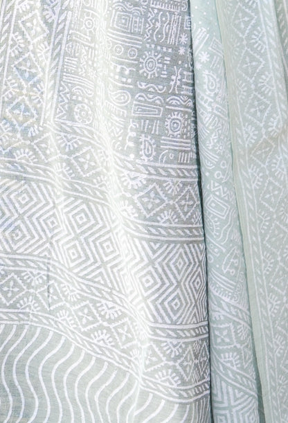Pinaachi Khari print Chanderi silk dupatta in soft mint green with intricate white patterns
