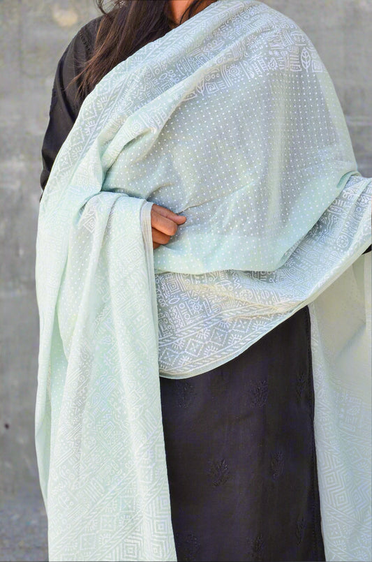 Elegant Khari print Chanderi silk dupatta in soft mint color, perfect for traditional attire