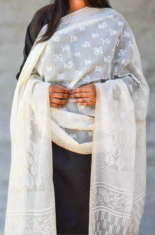 Elegant khari print chanderi silk dupatta in soft white, perfect for festive and casual wear