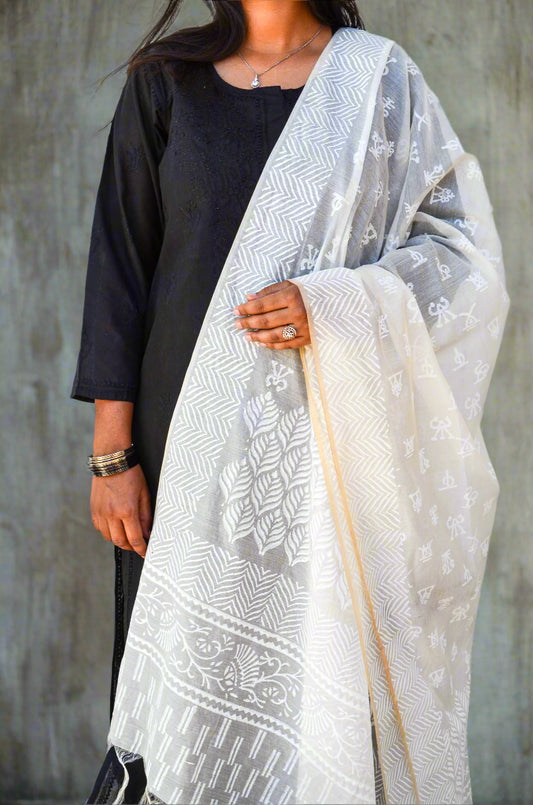 Elegant khari print chanderi silk dupatta in white, draped beautifully with a black outfit
