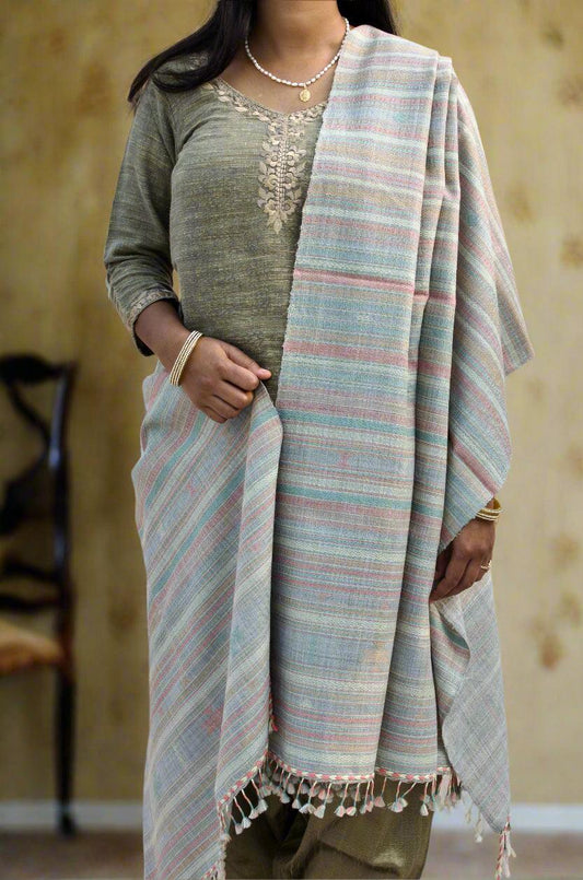Pankaj Bhimji Vankar Kutchhi traditional shawl draped elegantly over a model in ethnic attire
