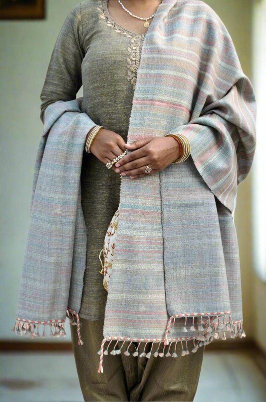 Elegant Kutchhi traditional shawl with beautiful fringed edges, perfect for adding style to any outfit