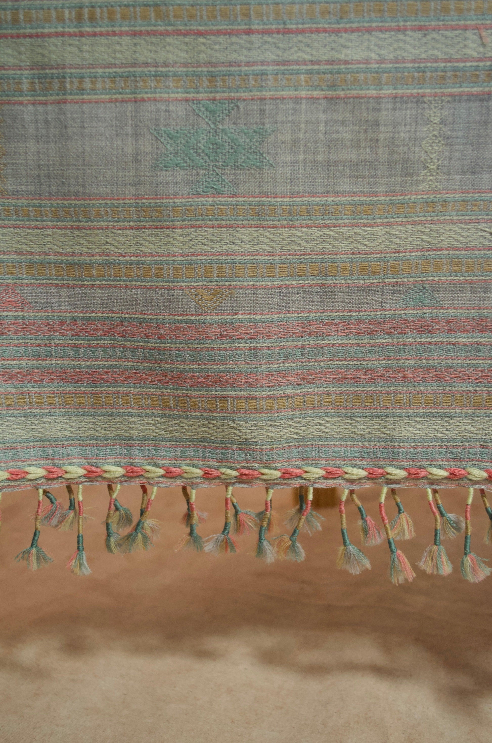 Kutchhi traditional shawl in pastel colors with intricate designs and tassels for stylish appeal