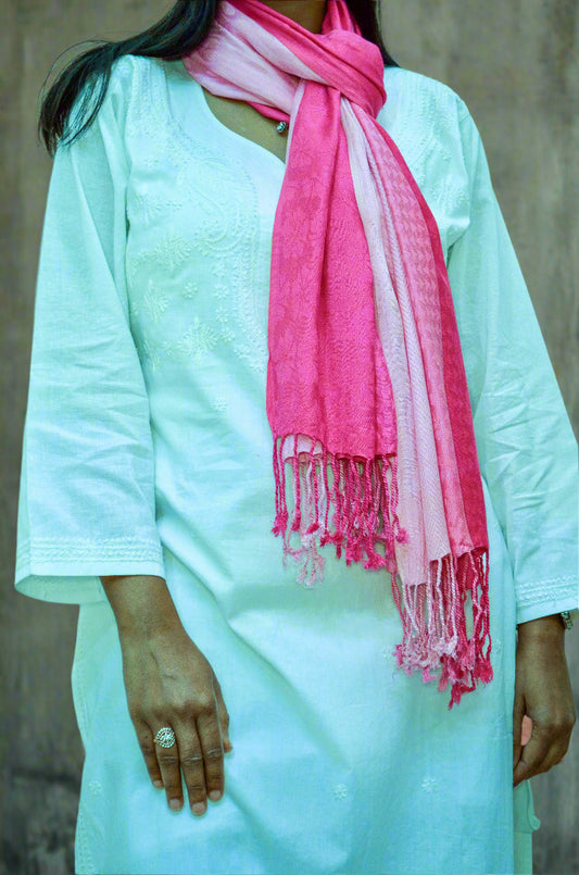 Light pink gradient jacquard stole elegantly draped over a traditional outfit