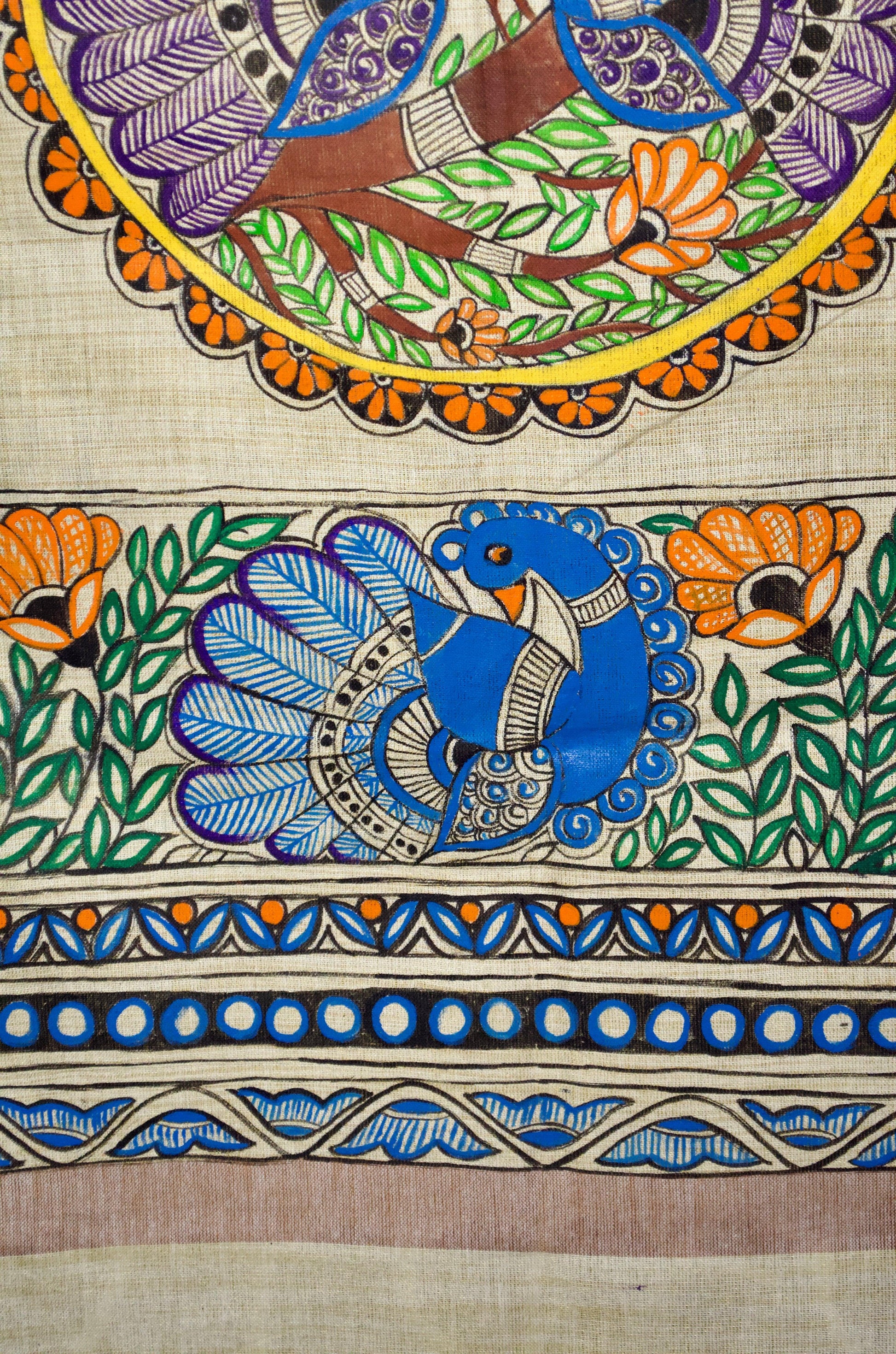 Madhubani hand painted dupatta featuring vibrant colors and intricate designs with floral patterns
