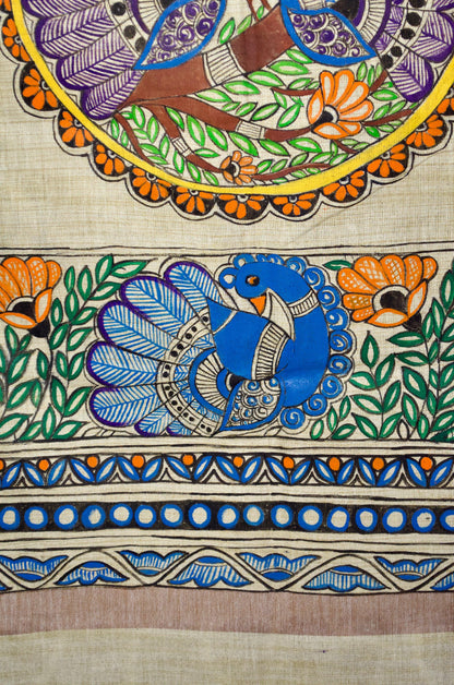 Madhubani hand painted dupatta featuring vibrant colors and intricate designs with floral patterns
