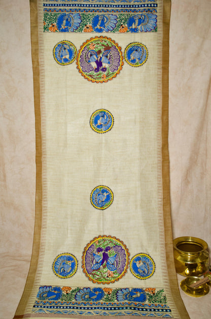 Niva Madhubani hand painted dupatta featuring intricate designs and vibrant colors on a cream background