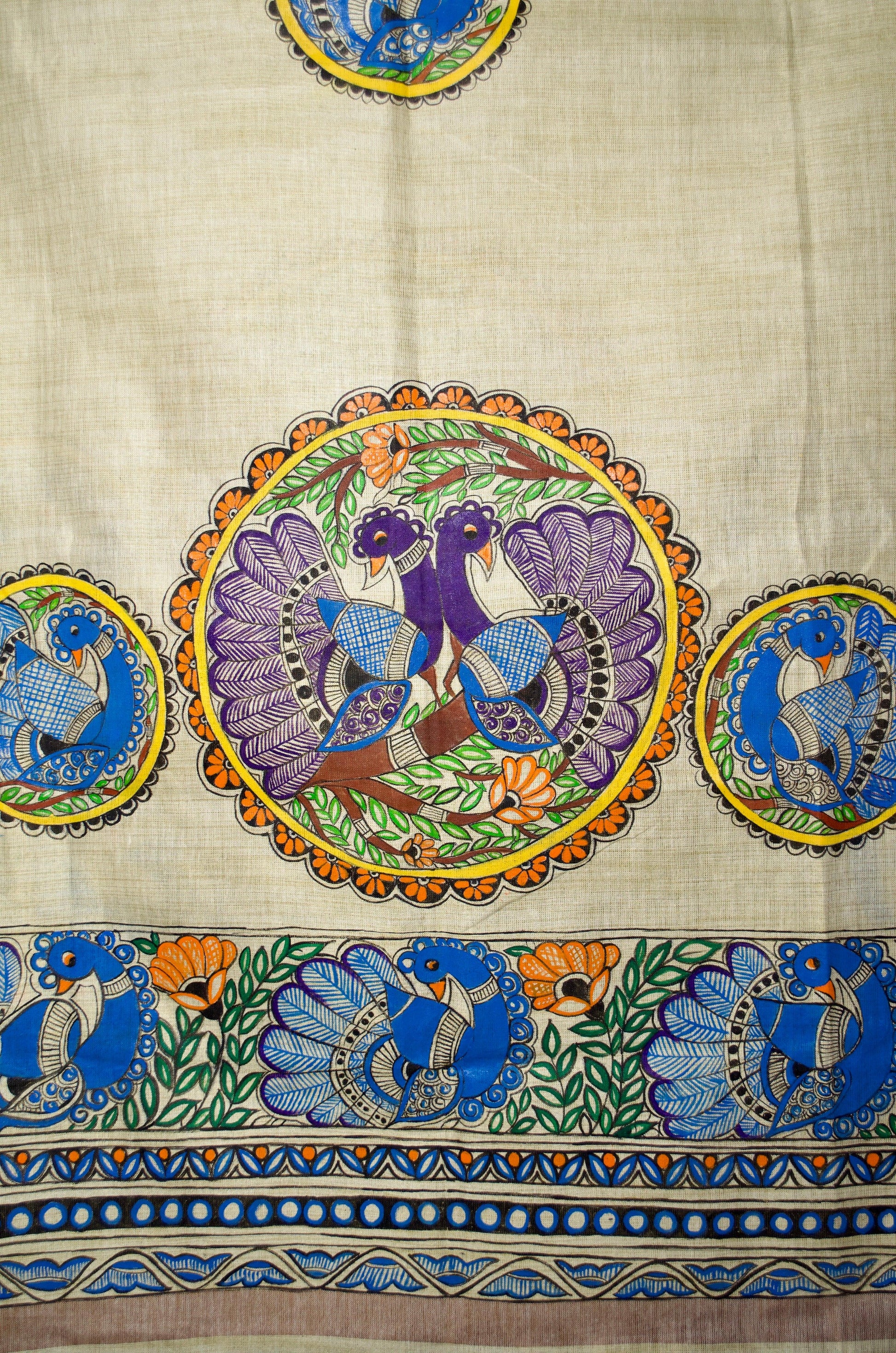 Madhubani hand painted dupatta featuring colorful birds and intricate floral designs on a light background