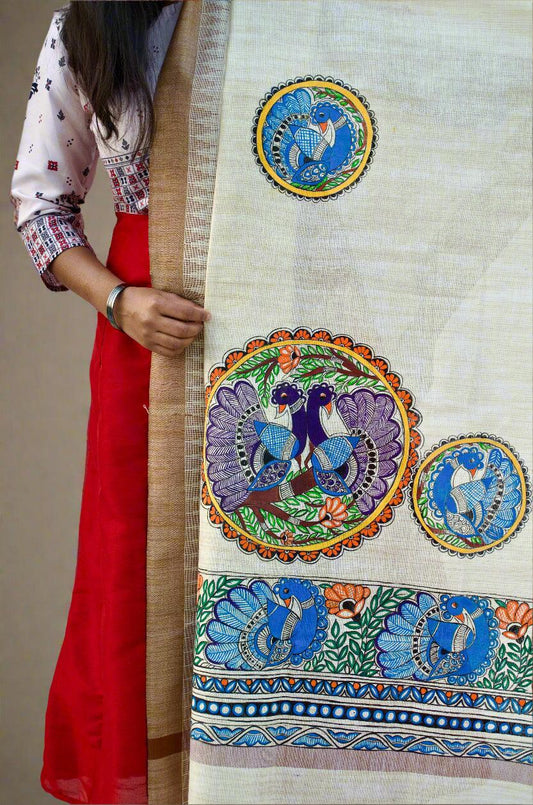 Niva Madhubani hand painted dupatta featuring colorful peacock designs and intricate detailing
