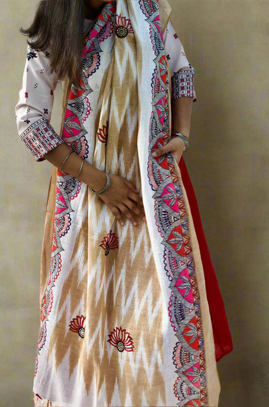 Madhubani hand painted dupatta with vibrant patterns and intricate border design, perfect for traditional outfits
