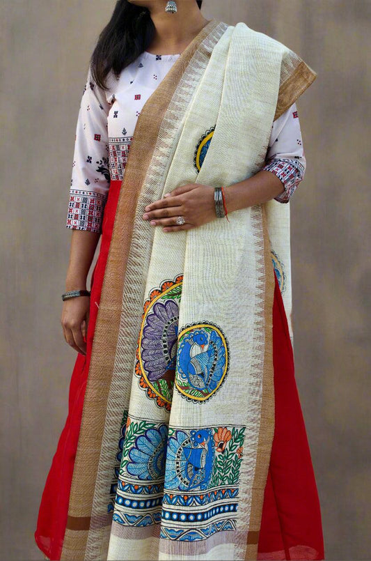 Madhubani hand painted dupatta with vibrant floral designs and elegant border, paired with traditional attire
