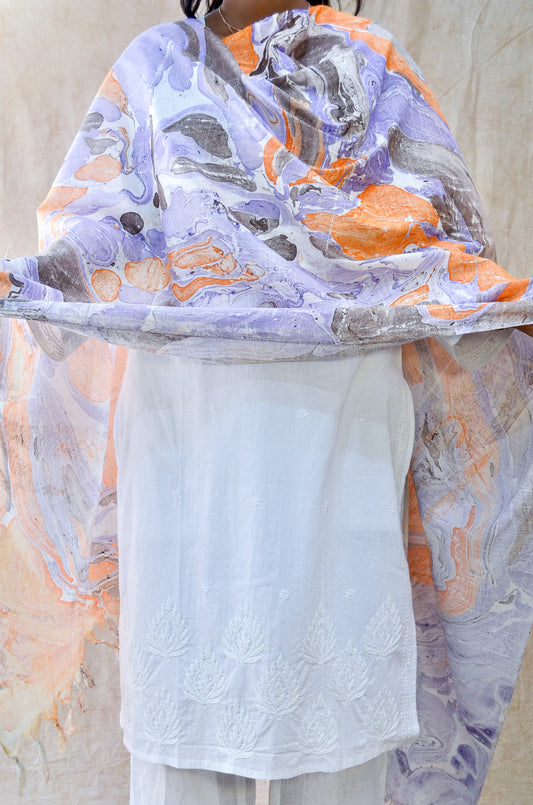 Pinaachi marble printed cotton silk dupatta in purple and orange with elegant marbled design