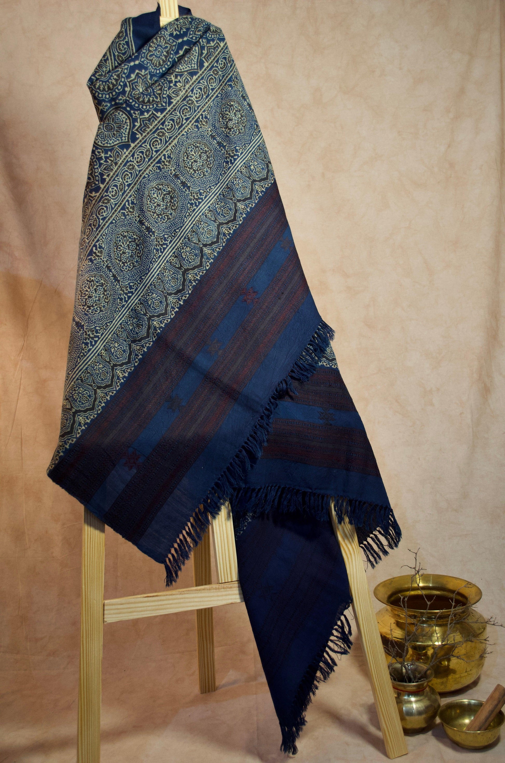 Elegant Merino wool Ajrakh shawl featuring intricate patterns and rich colors for stylish warmth