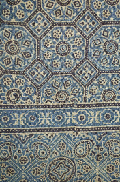 Intricate patterns on a Merino wool Ajrakh stole featuring blue and cream hues