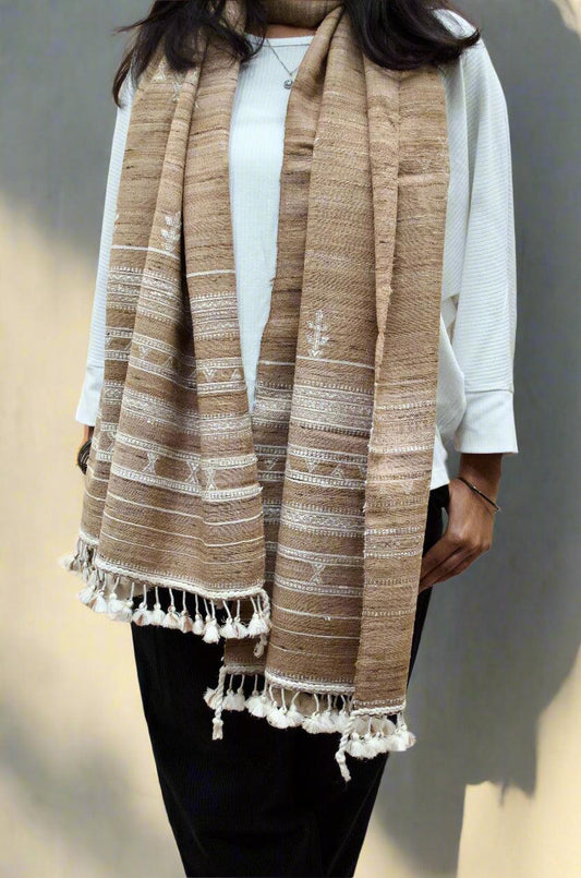 Elegant Merino wool and Tasar silk stole in earthy tones with decorative fringes for stylish warmth