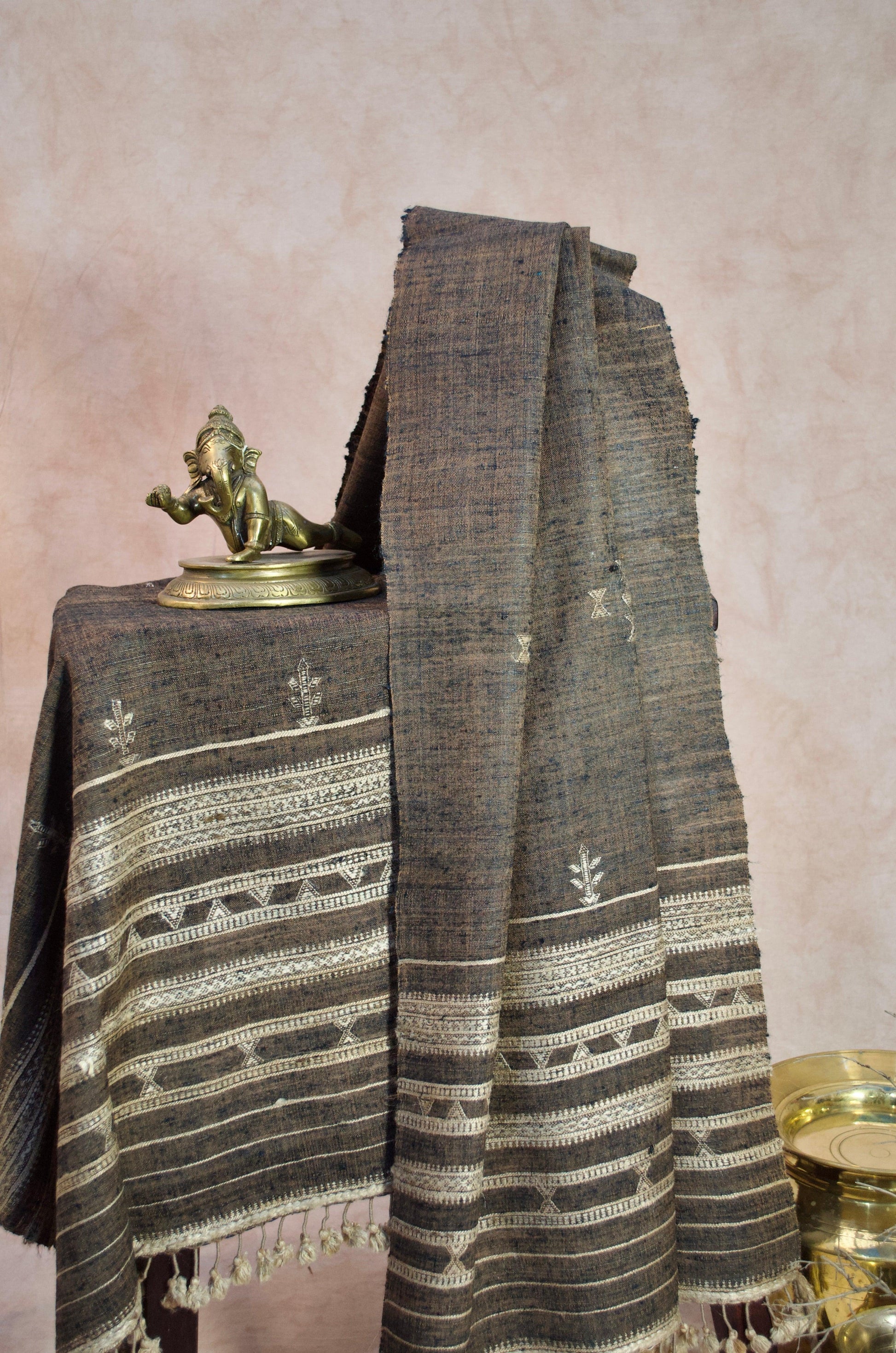 Elegant merino wool tasar silk stole with intricate silver patterns, perfect for stylish layering