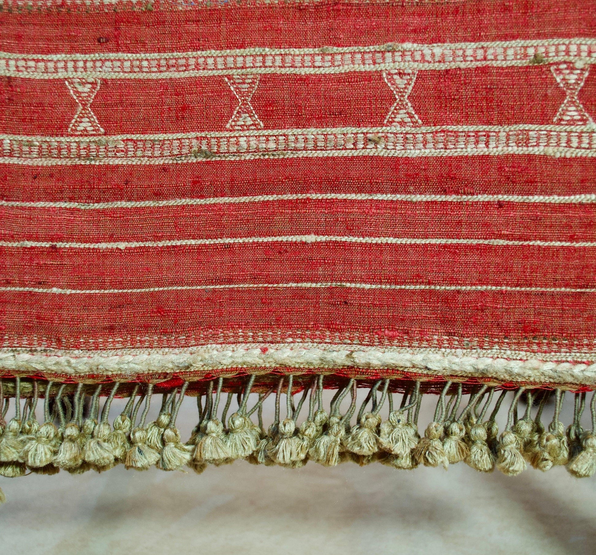 Handcrafted Merino wool Tasar silk stole in red with intricate designs and tassels