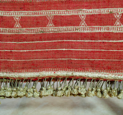 Handcrafted Merino wool Tasar silk stole in red with intricate designs and tassels