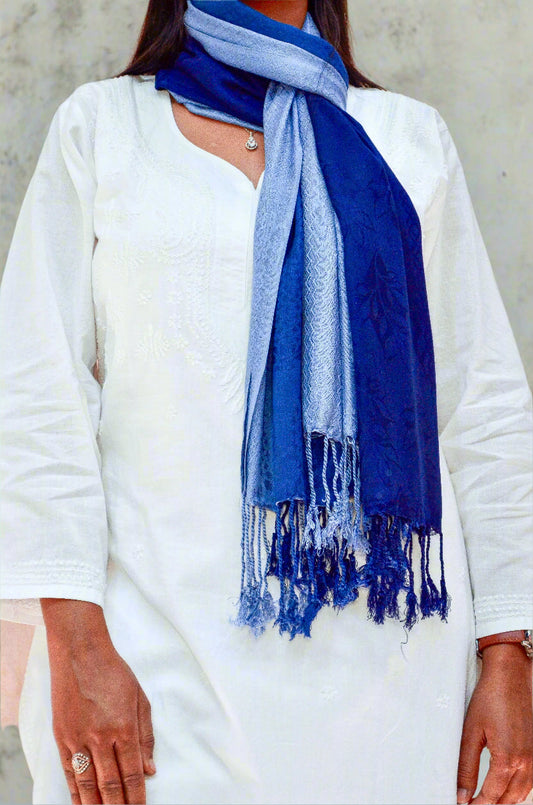 Elegant midnight blue jacquard stole displayed on a model, perfect for stylish layering
