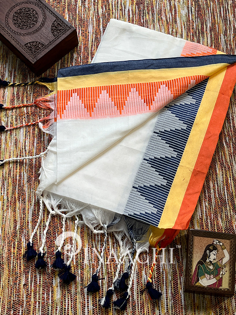 Stylish handspun white cotton saree with vibrant geometric patterns and decorative tassels