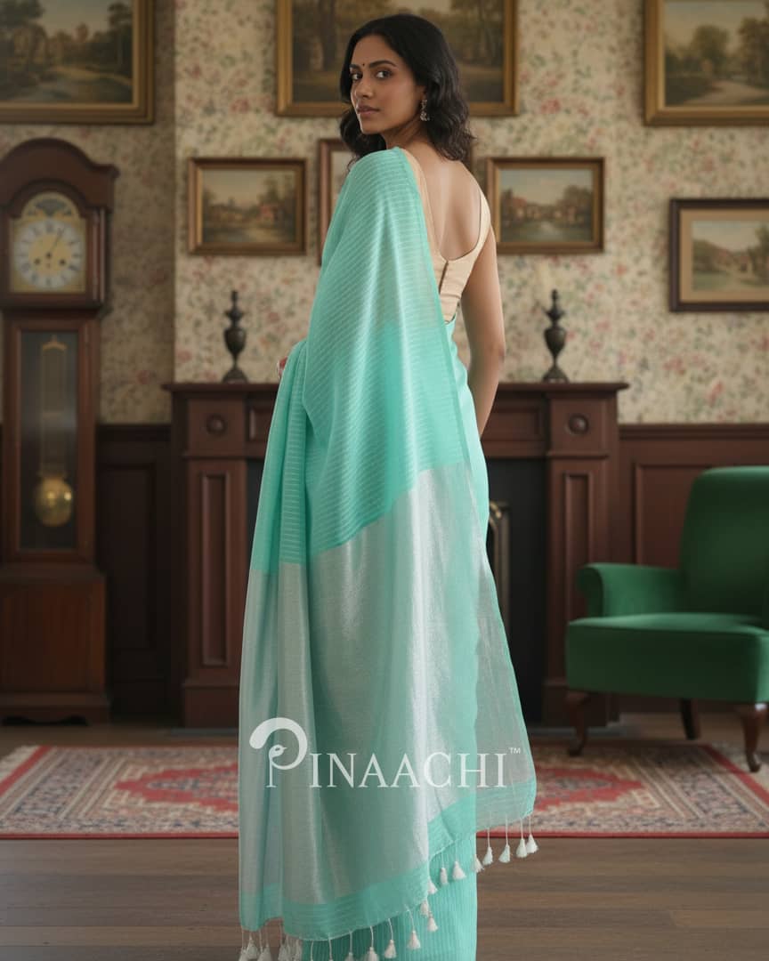 Pinaachi mint green saree in cotton with decorative tassels for elegant occasions