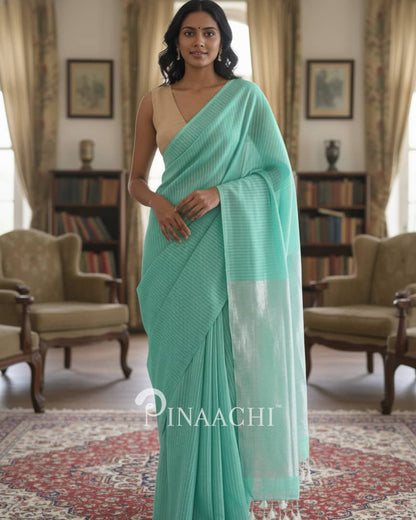 Pinaachi green cotton saree with elegant fine stripes for comfortable wear