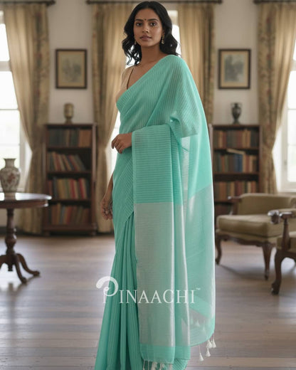 Pinaachi mint green saree in cotton with intricate weaving and elegant drape for special occasions