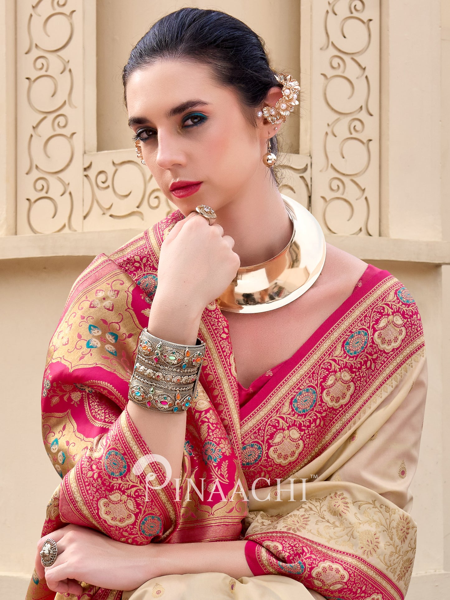 Elegant Pinaachi Banarasi silk saree for wedding with intricate designs and traditional charm