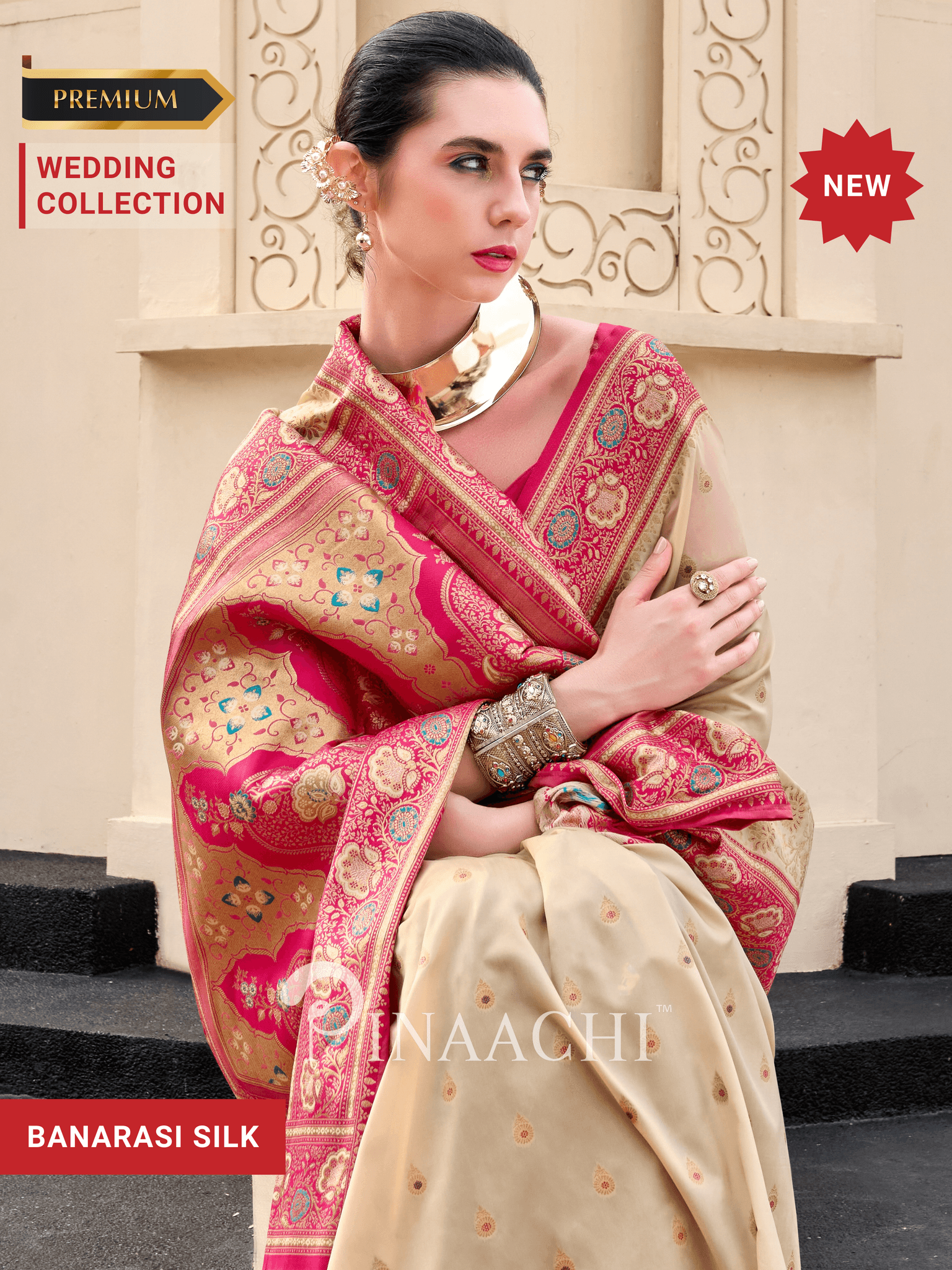 Elegant Banarasi silk saree for wedding in beige with floral patterns and vibrant pink borders