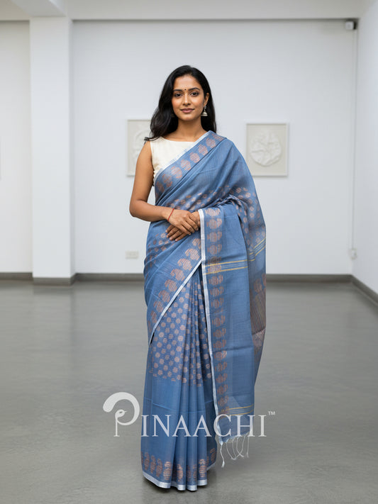 Pinaachi blue Jamdani cotton silk saree with intricate floral patterns for elegant occasions