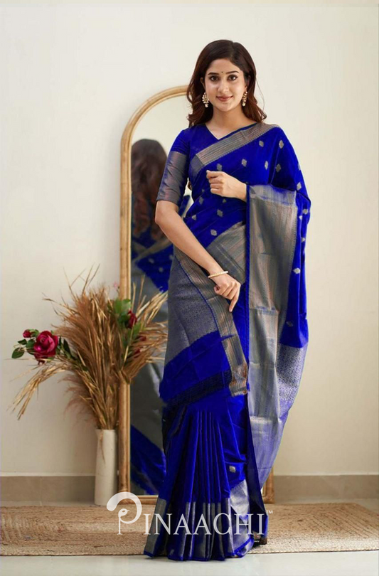Woman wearing Pinaachi Blue Litchi Silk Saree with silver border and traditional motifs posing indoors